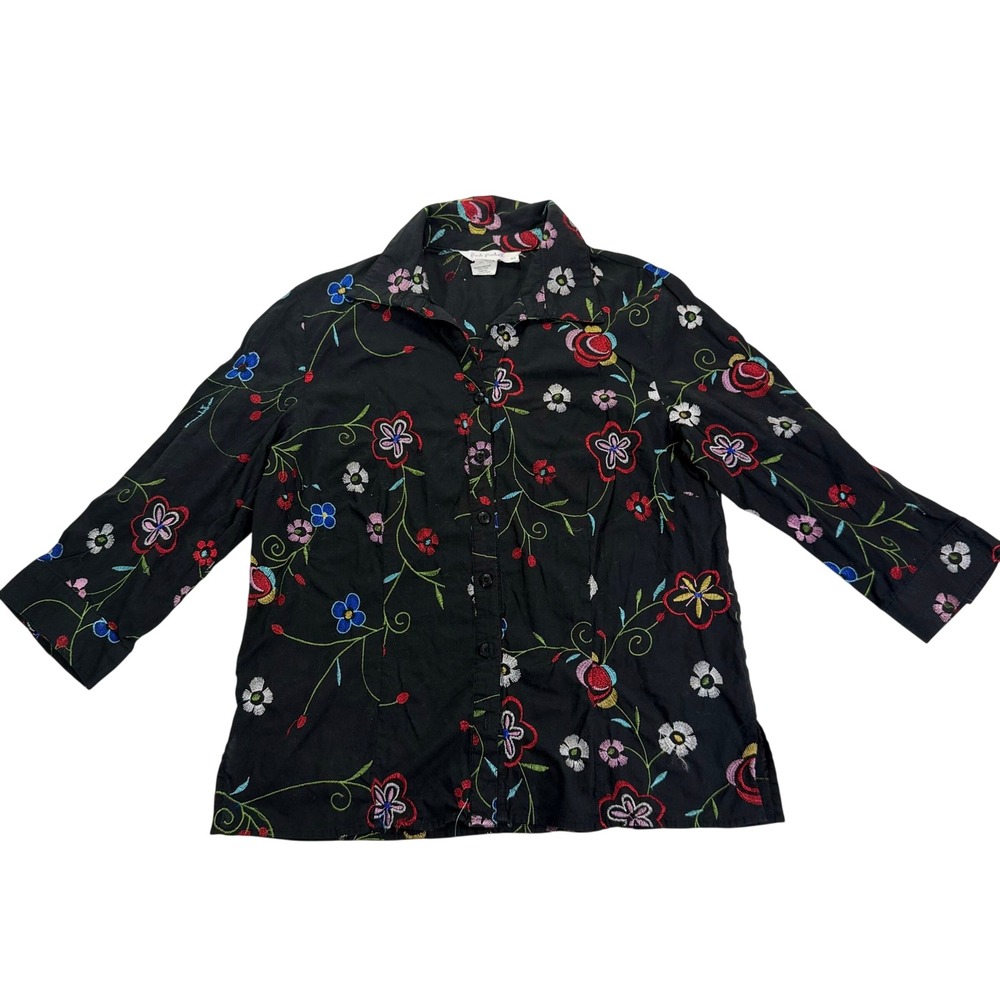 Fresh Produce Black Floral Embroidered Cotton Whimsigoth Fairy Button Shirt M